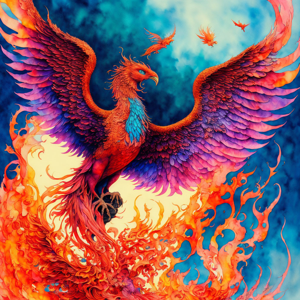 Colorful Phoenix Illustration with Red and Orange Plumage on Blue Background