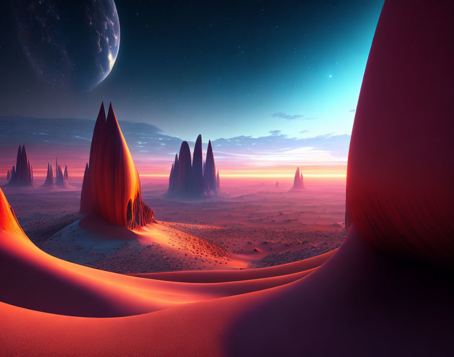 Surreal desert landscape with spire-like rocks, sand dunes, and large moon