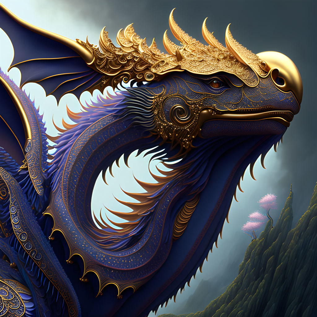 Detailed illustration of majestic blue dragon with golden accents and antler-like horns in misty mountain scene