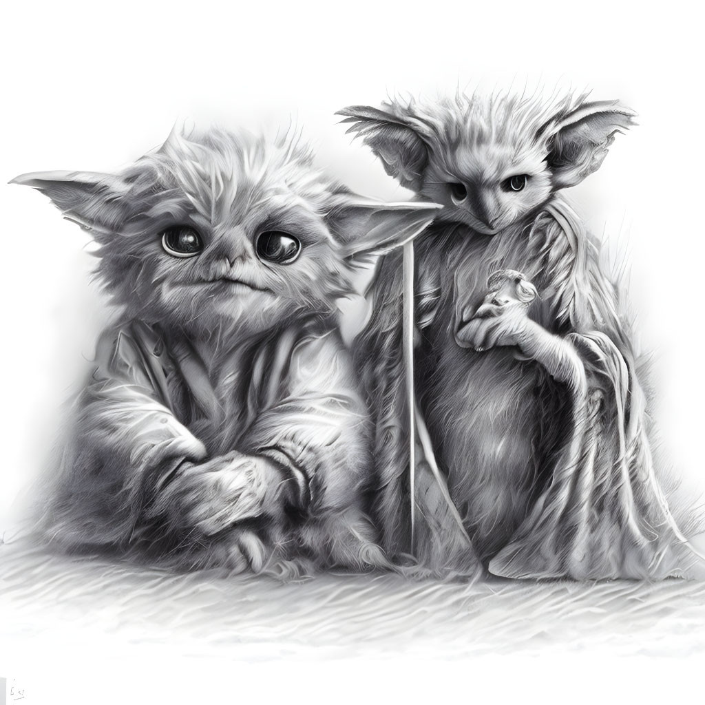 Two Gremlins Standing Together with Small Creature in Hand