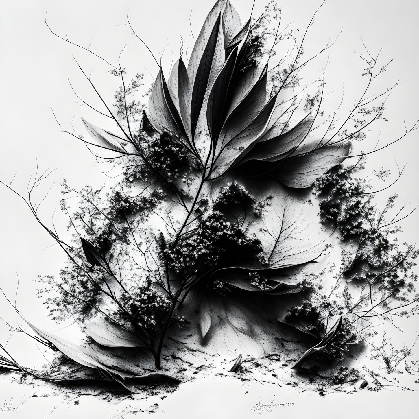 Detailed monochrome artwork: Overlapping feathers and floral elements in harmonious composition