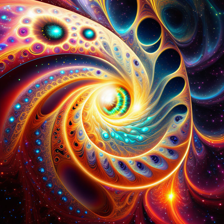 Colorful Swirling Fractal Image of Celestial Bodies in Cosmic Setting