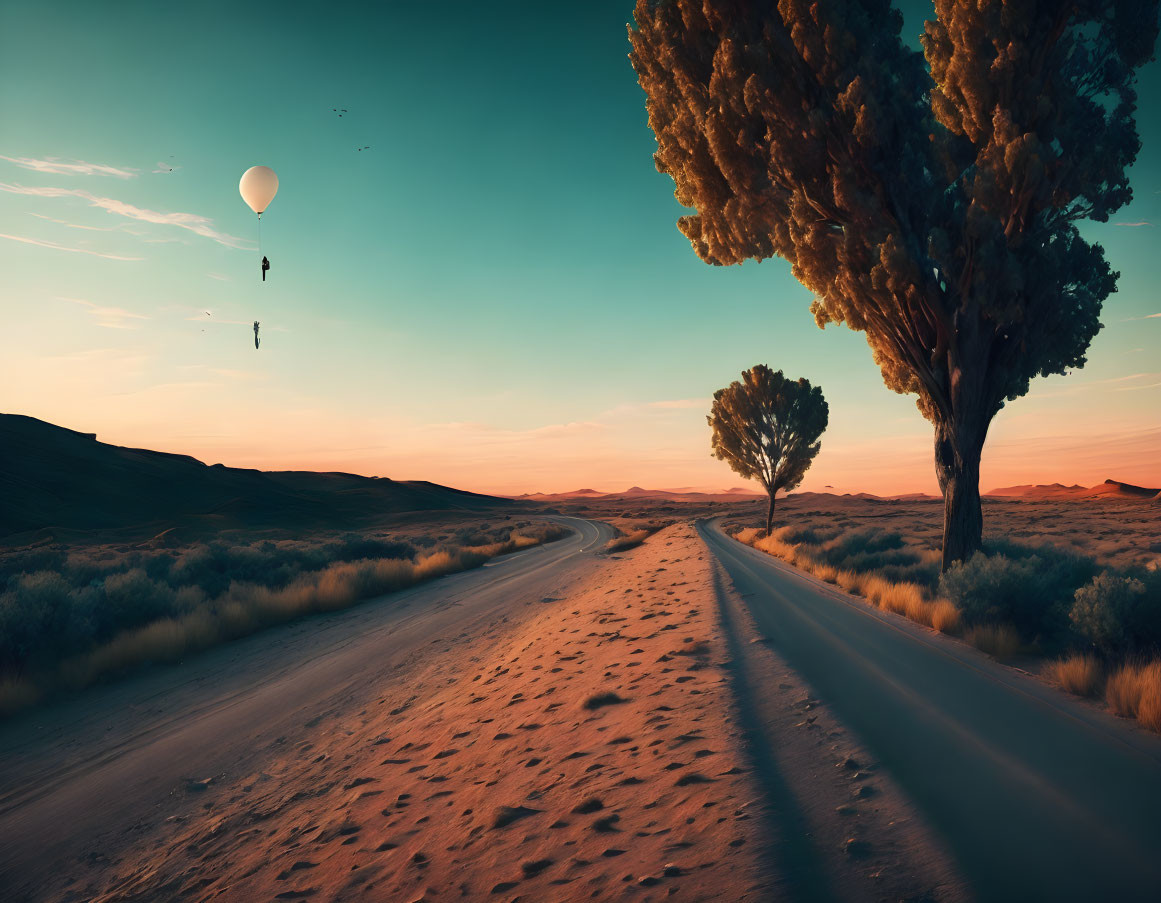 Desert landscape at sunset with road, trees, and hot air balloon