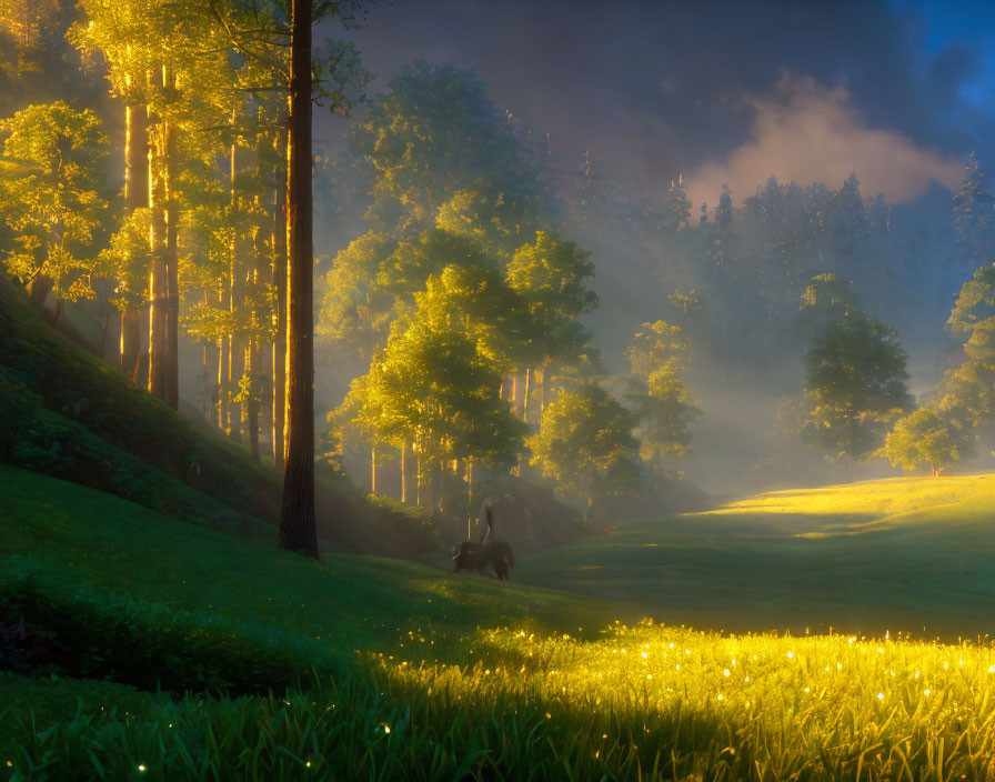 Misty forest with sunlight, fireflies, and grazing deer