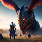 Knight in armor confronts giant dragon in sunset-lit landscape with silhouetted figures.