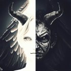 Contrasting faces merged: White angelic side, dark horned side