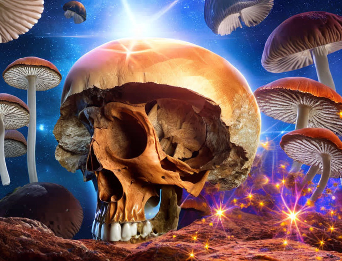 Surreal landscape with human skull, mushrooms, starry sky, and celestial body