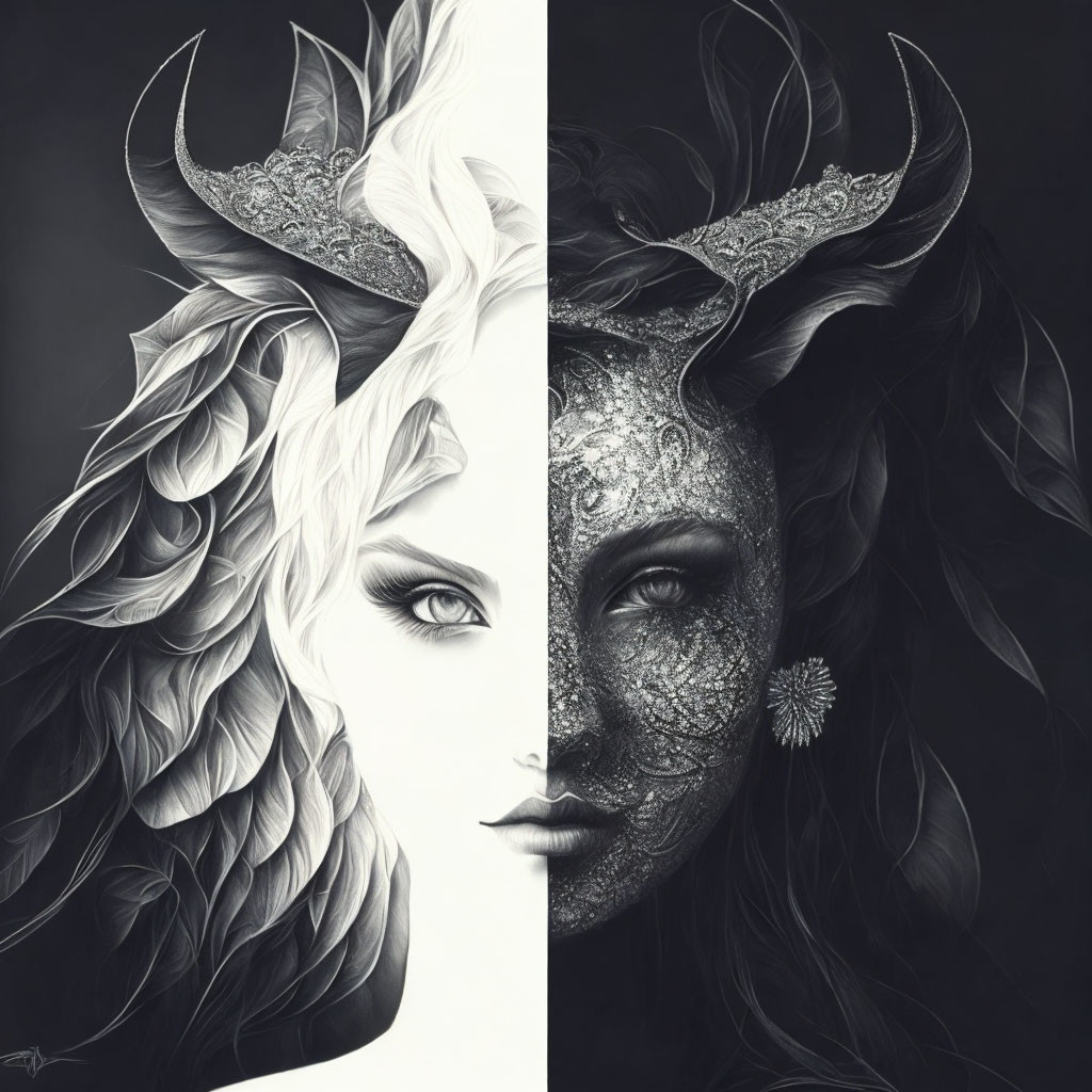 Contrasting faces merged: White angelic side, dark horned side