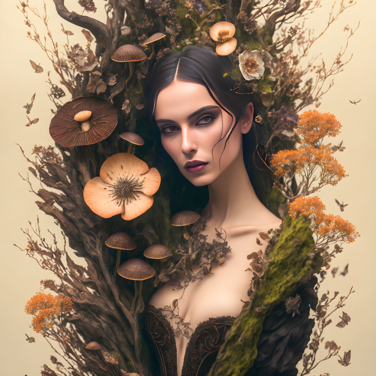 Dark-haired woman adorned with mushrooms, branches, and flowers in mystical setting