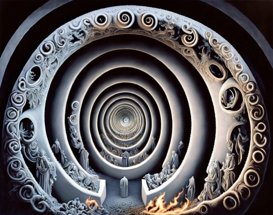 Intricate Carved Spiral with Flame Base and Illusion of Depth