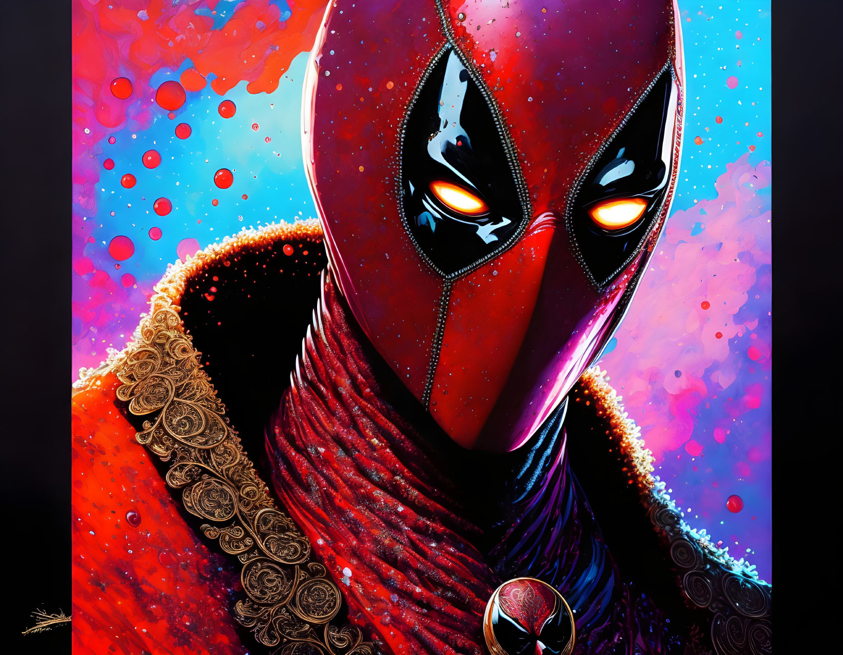 Detailed Deadpool Artwork with Red and Black Mask in Cosmic Background