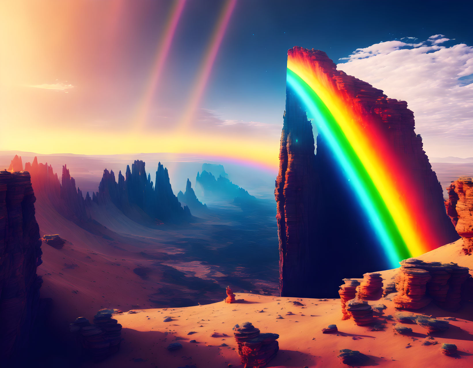 Colorful rainbow over desert cliffs under orange sky in digital art landscape