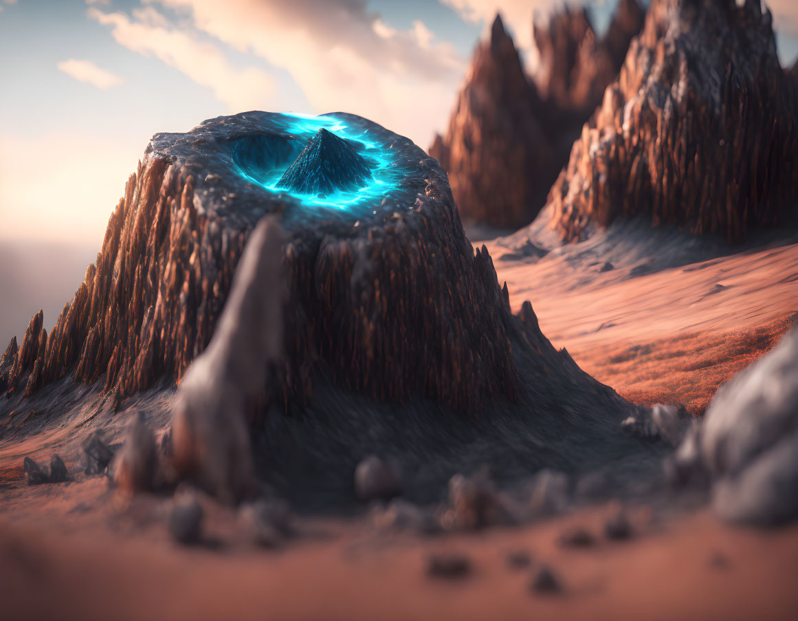 Mystical blue glowing portal atop rugged rocky hill