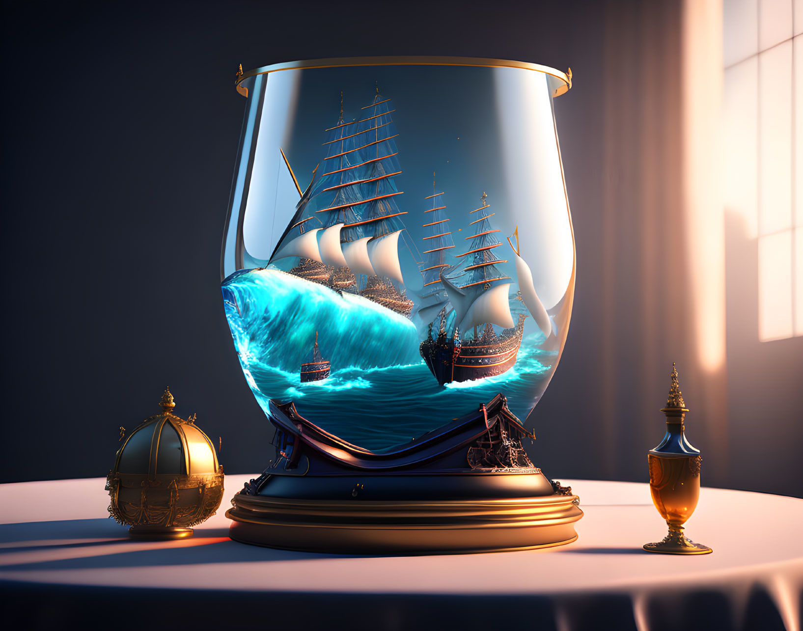 Surreal ship sailing in bulb vessel with maritime objects on table