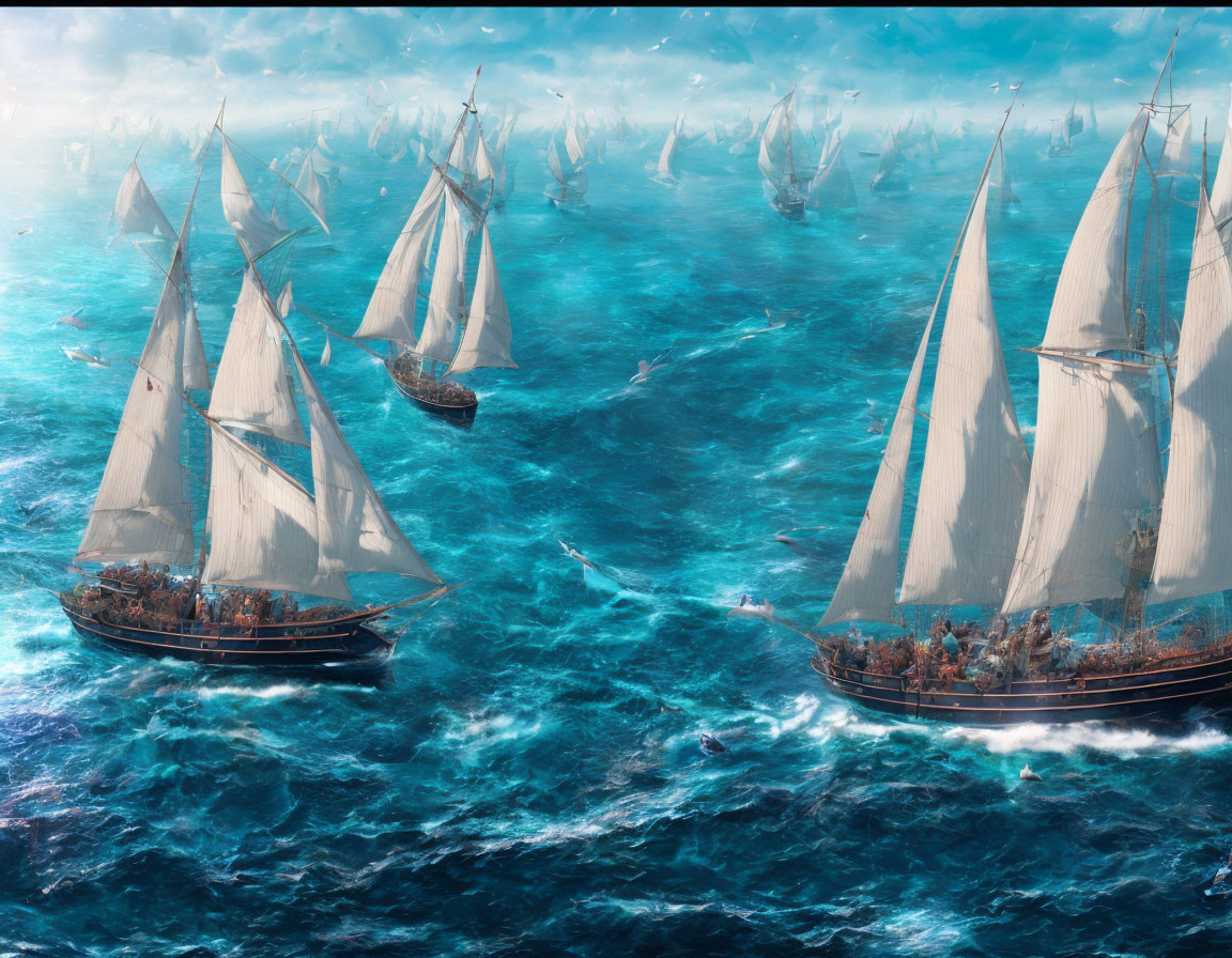 Sailing ships on vibrant turquoise sea with billowing white sails