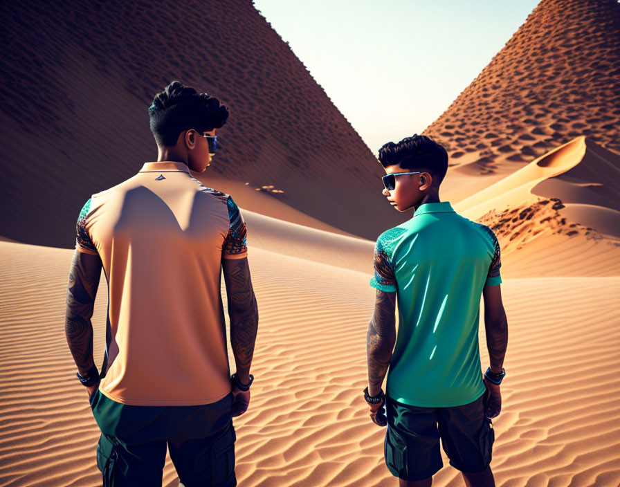 Stylish individuals in sporty attire amid sand dunes and clear sky