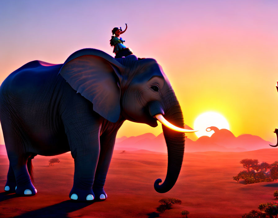 Animated character on elephant in vibrant sunset savannah landscape