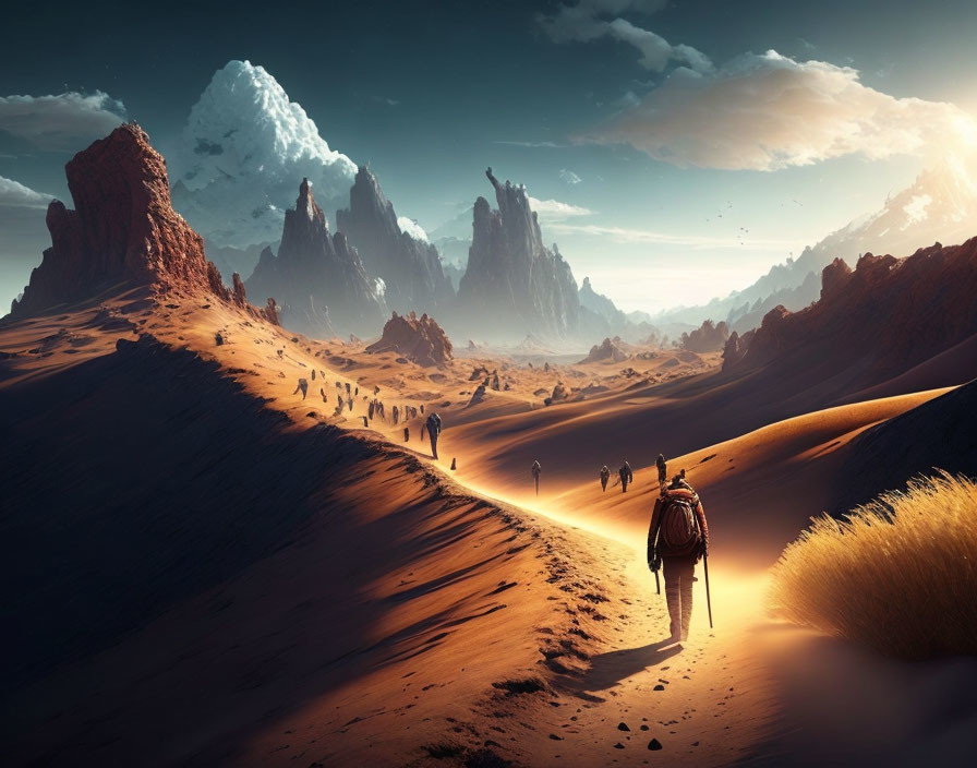 Desert landscape with lone traveler and dramatic sky