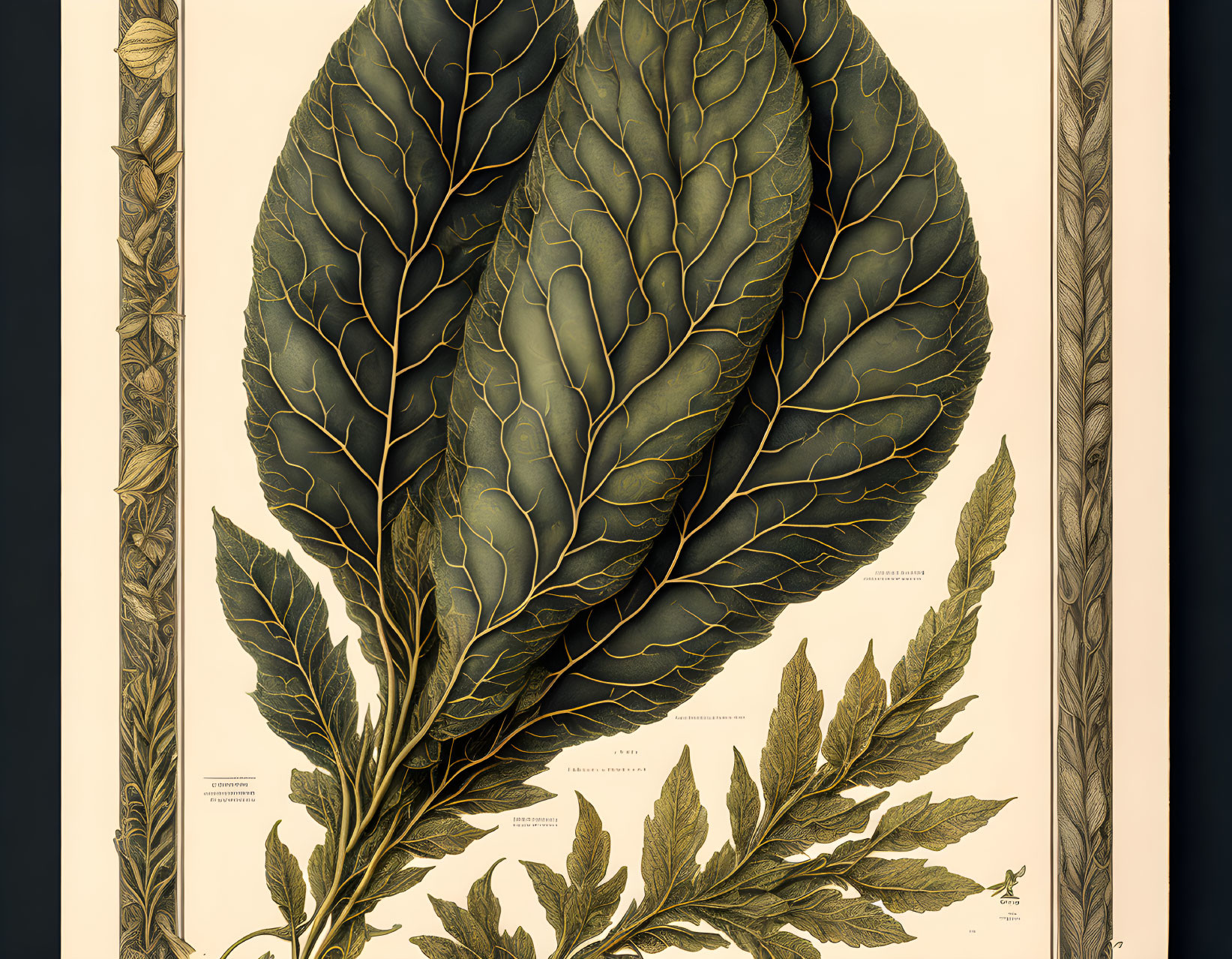 Detailed Vintage Botanical Illustration of Green Leaves with Border