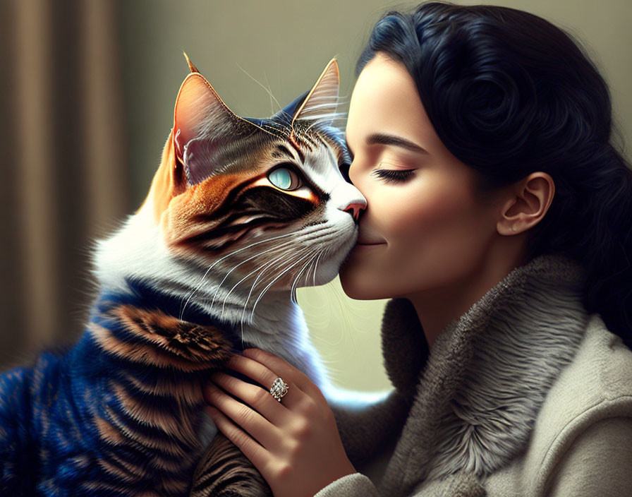 Woman kissing large cat with blue-green eyes and bold stripes