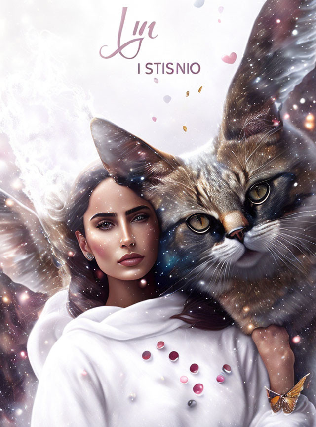 Surreal illustration of woman merged with giant cat face in starry setting