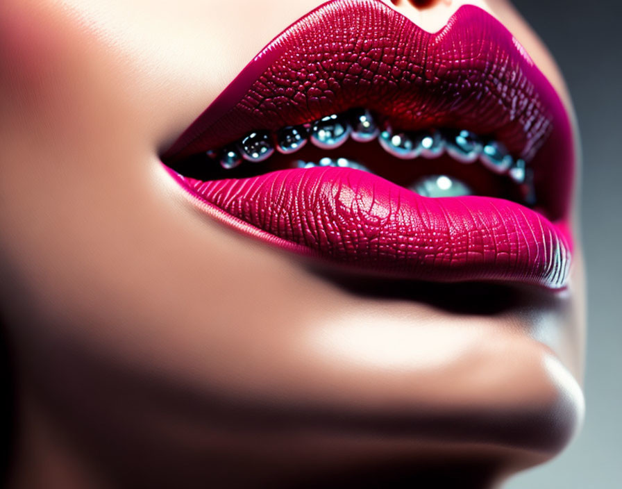 Detailed Close-Up of Red Lips with Water Beads on Glossy Texture