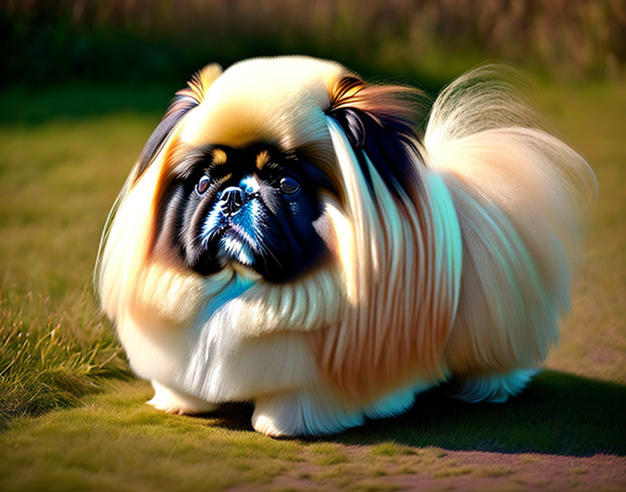 Stylized Pekingese dog with fluffy fur on grassy background