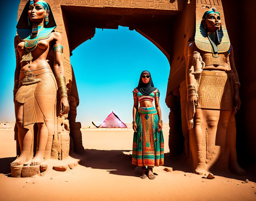 Woman standing between ancient Egyptian-style statues under an arch with hieroglyphs and pyramid in the distance