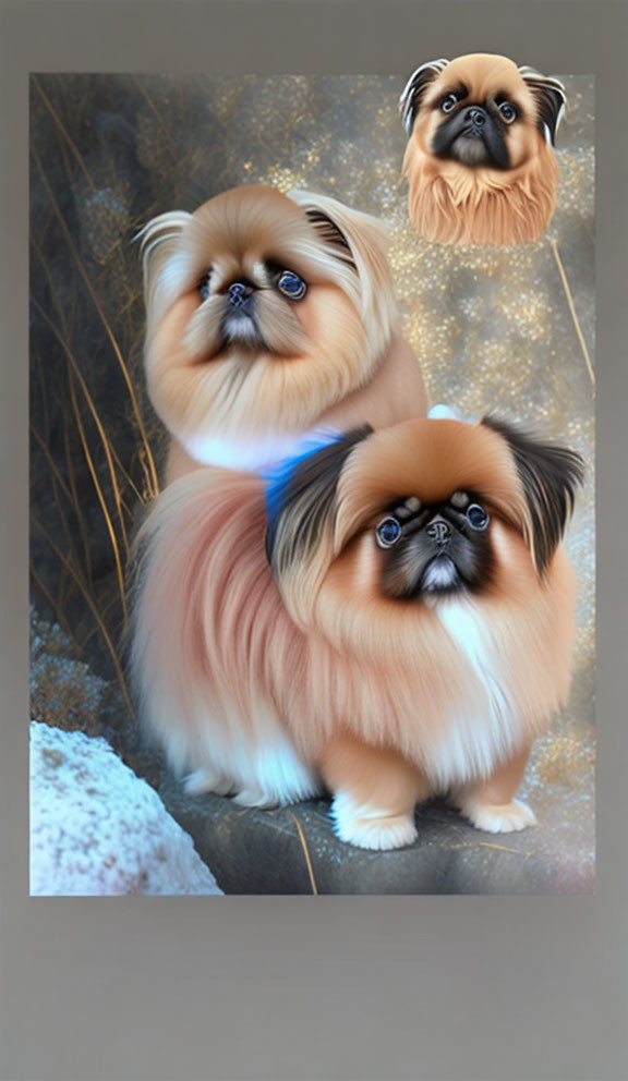 Stylized digital artwork featuring fluffy dogs with human-like eyes on a frosty, sparkling background.