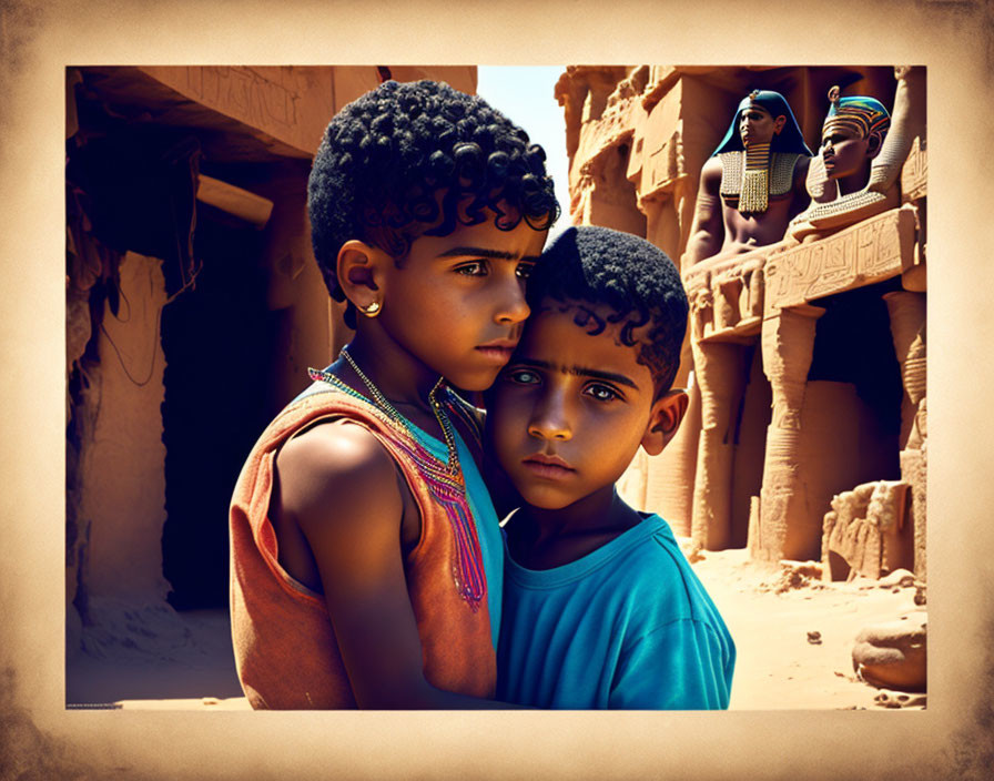 Children with intricate hair patterns in blue and orange by ancient Egyptian temple ruins