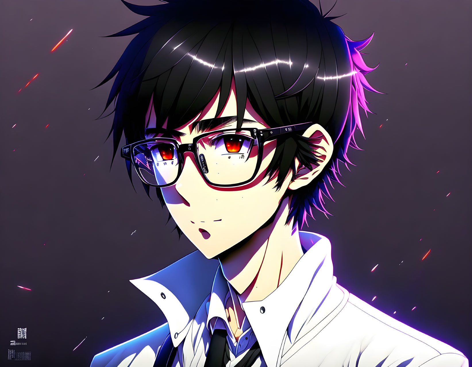 Anime-style male character in white school uniform jacket with black hair and glasses, set against dark background with