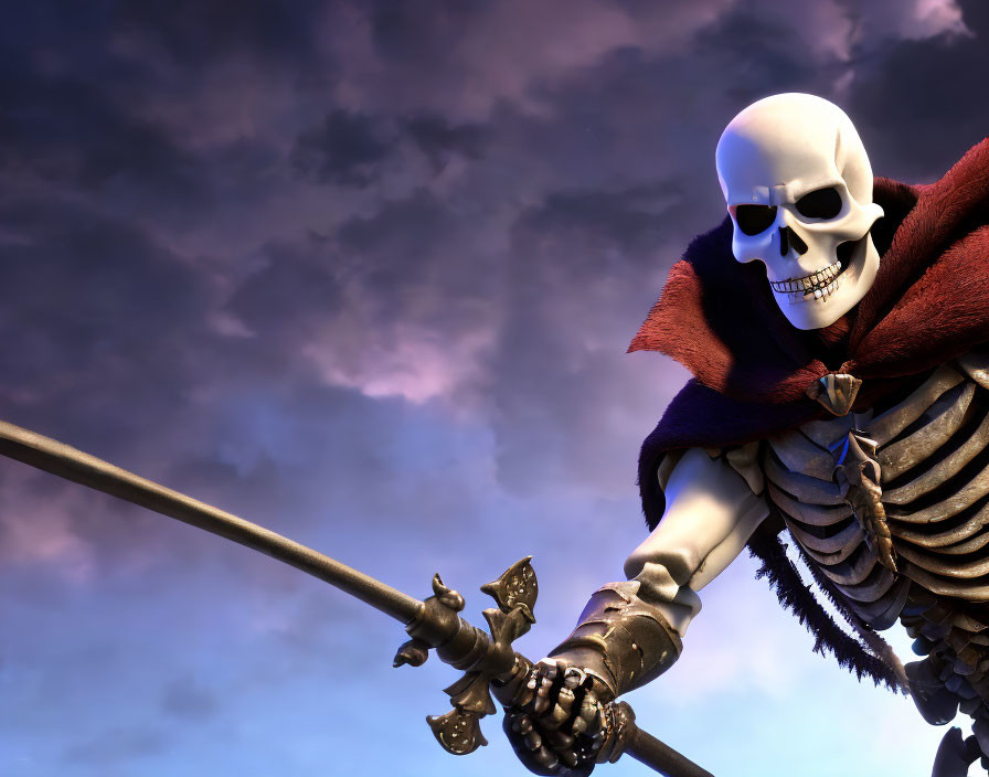 3D animated skeleton with red cape and spear under purple sky