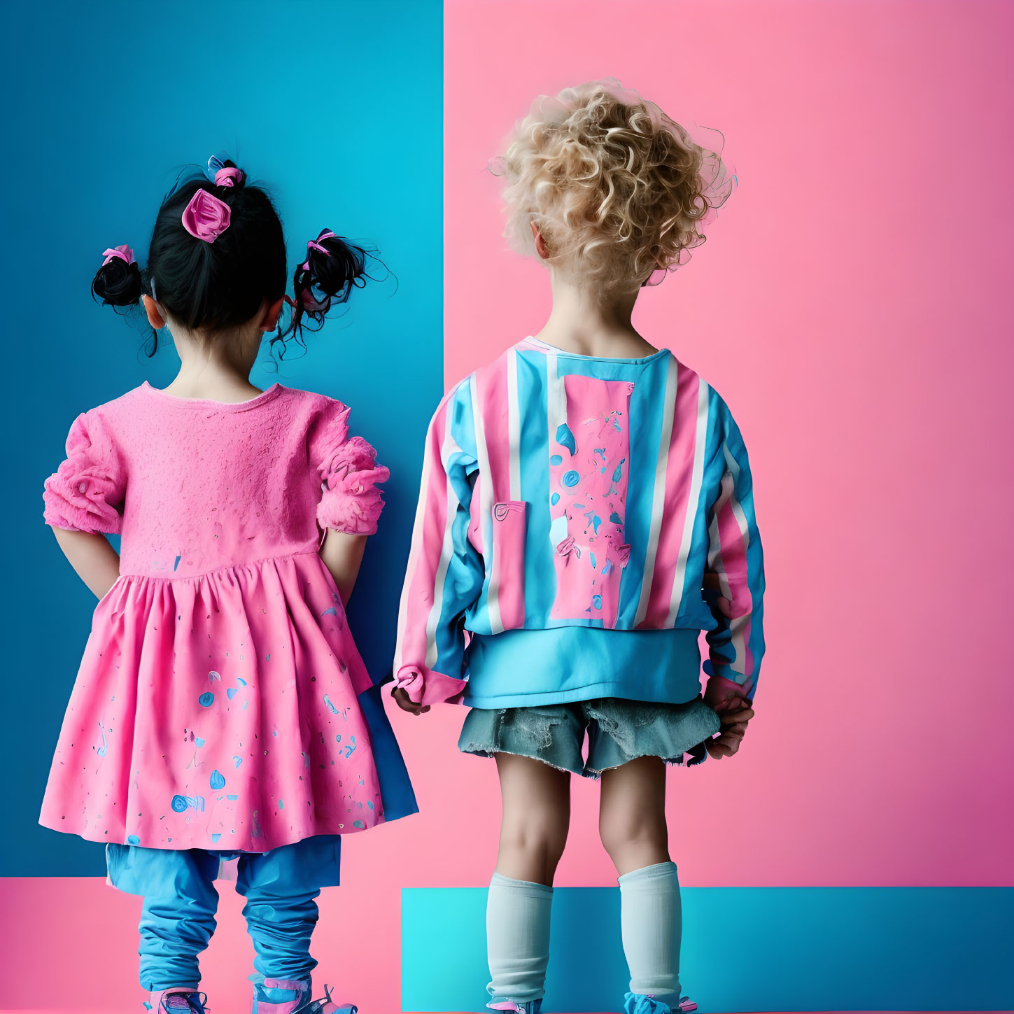 Children with curly hair and pigtails against pink and blue background