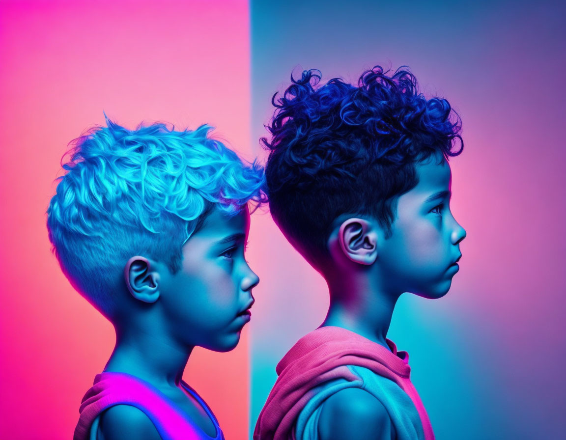 Profile view of two children under neon lighting, one with curly hair, exuding a futuristic feel.