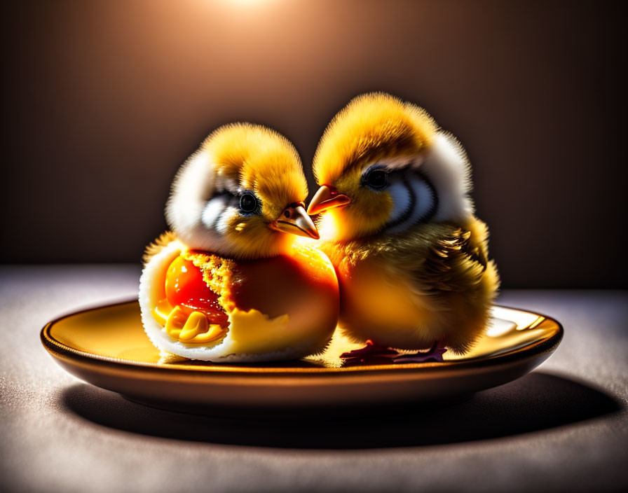 Adorable fluffy chicks next to cracked egg on plate