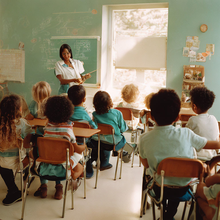 Teacher addressing young students in sunlit classroom with educational decor