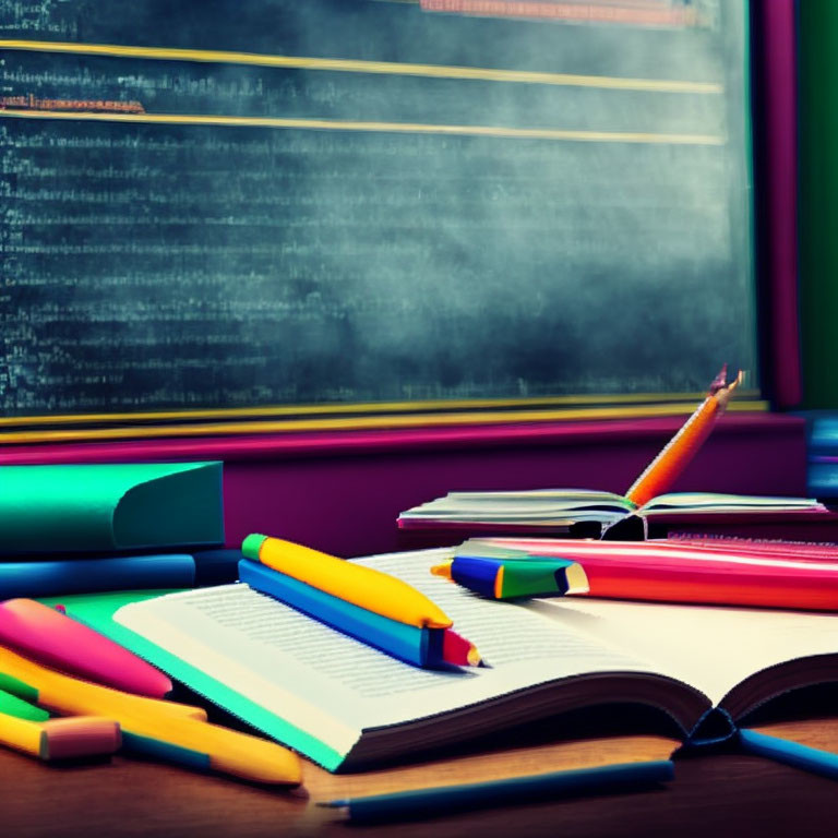 Colorful markers, pencils, textbook, and chalkboard on study desk