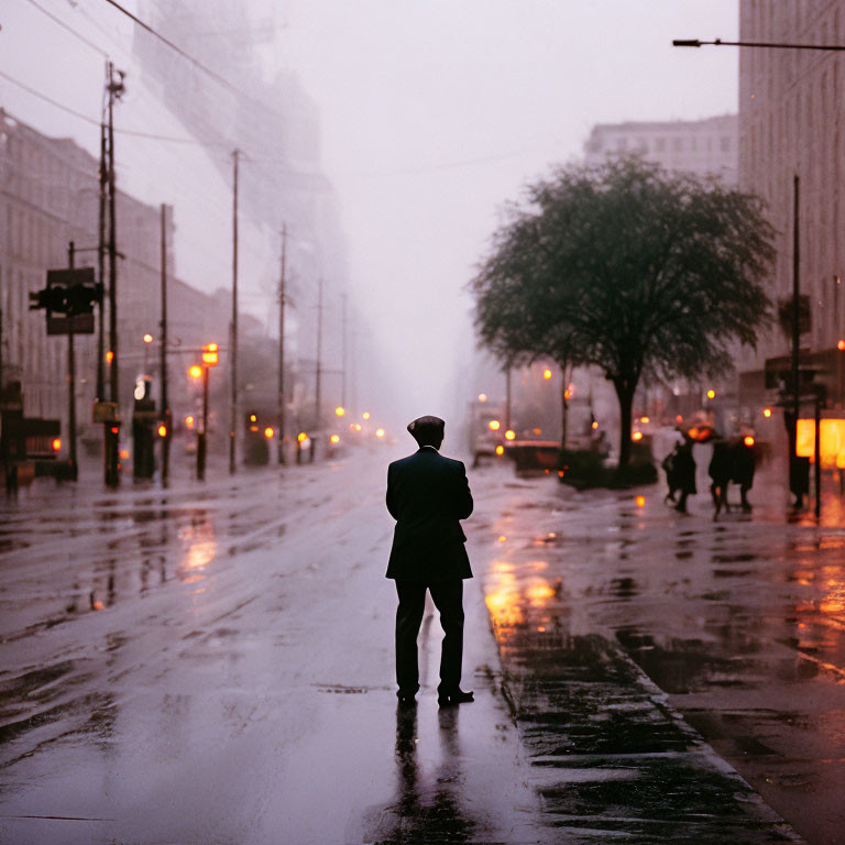 Solitary figure in wet street on foggy, rainy day surrounded by glowing street lamps.