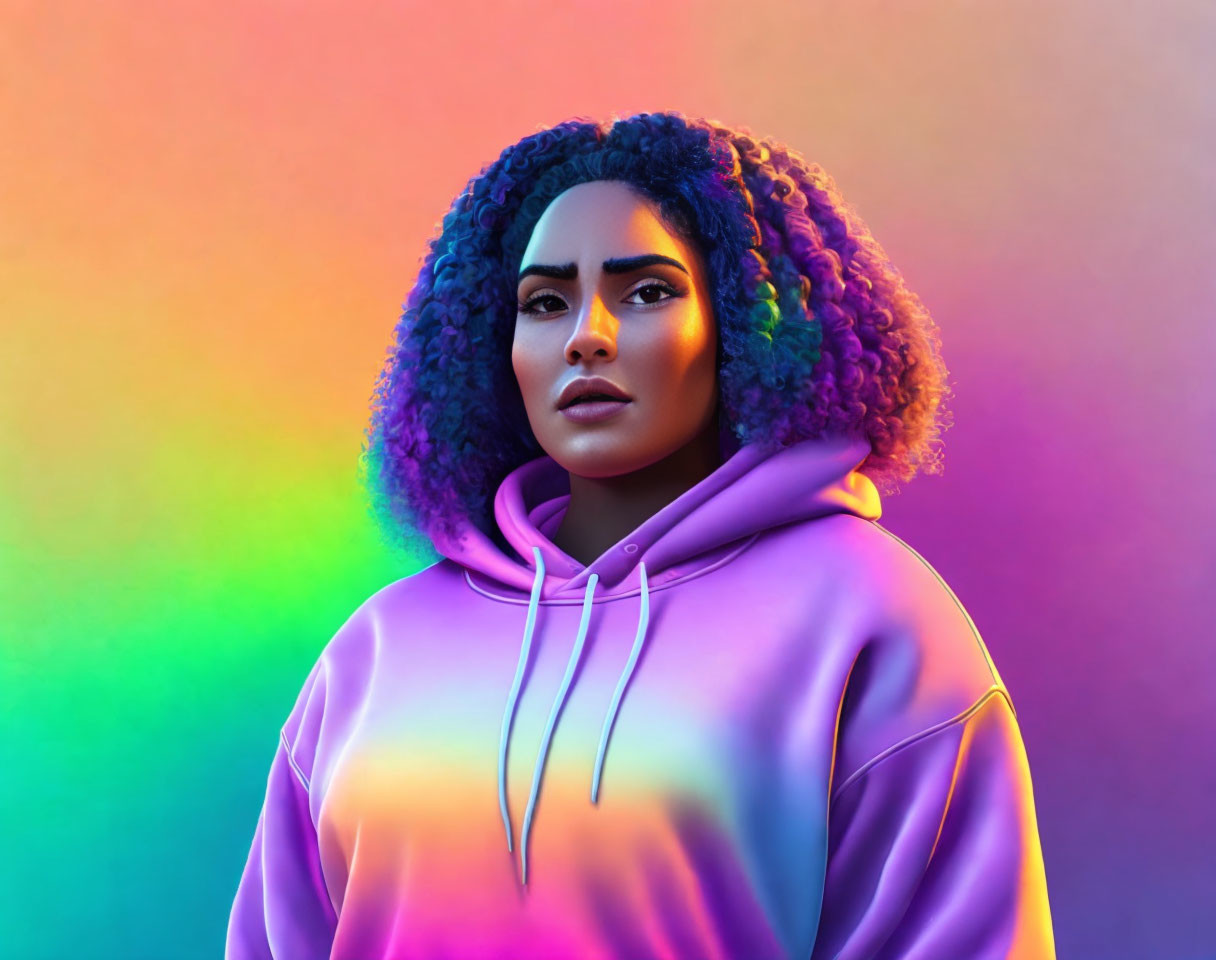 Digital artwork of woman with curly hair in purple hoodie against rainbow background