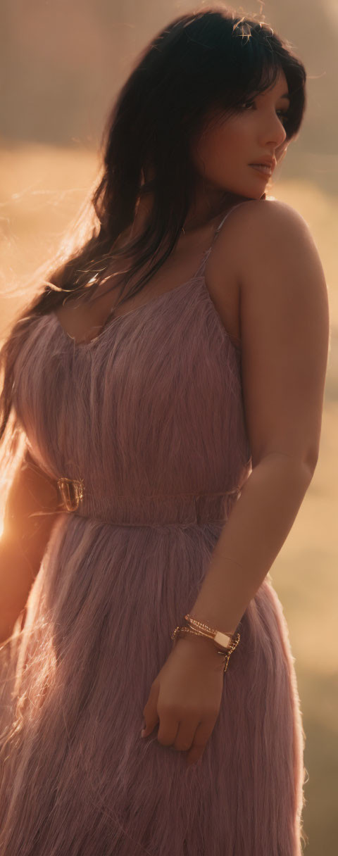 Woman in Mauve Dress Looking Back in Sunlight