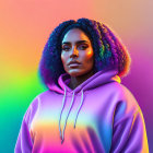 Digital artwork of woman with curly hair in purple hoodie against rainbow background