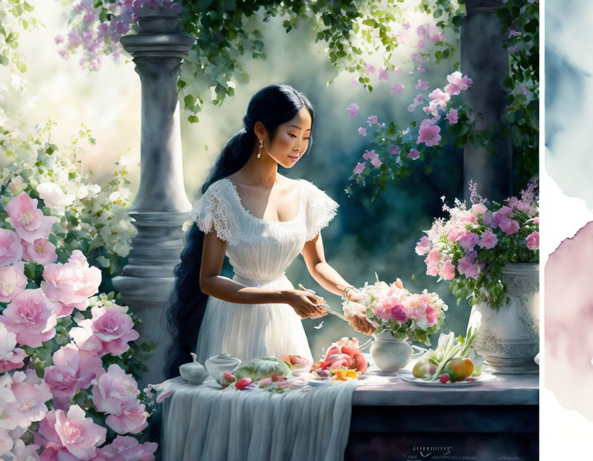 Woman arranging flowers at table in serene garden with fruit and tea