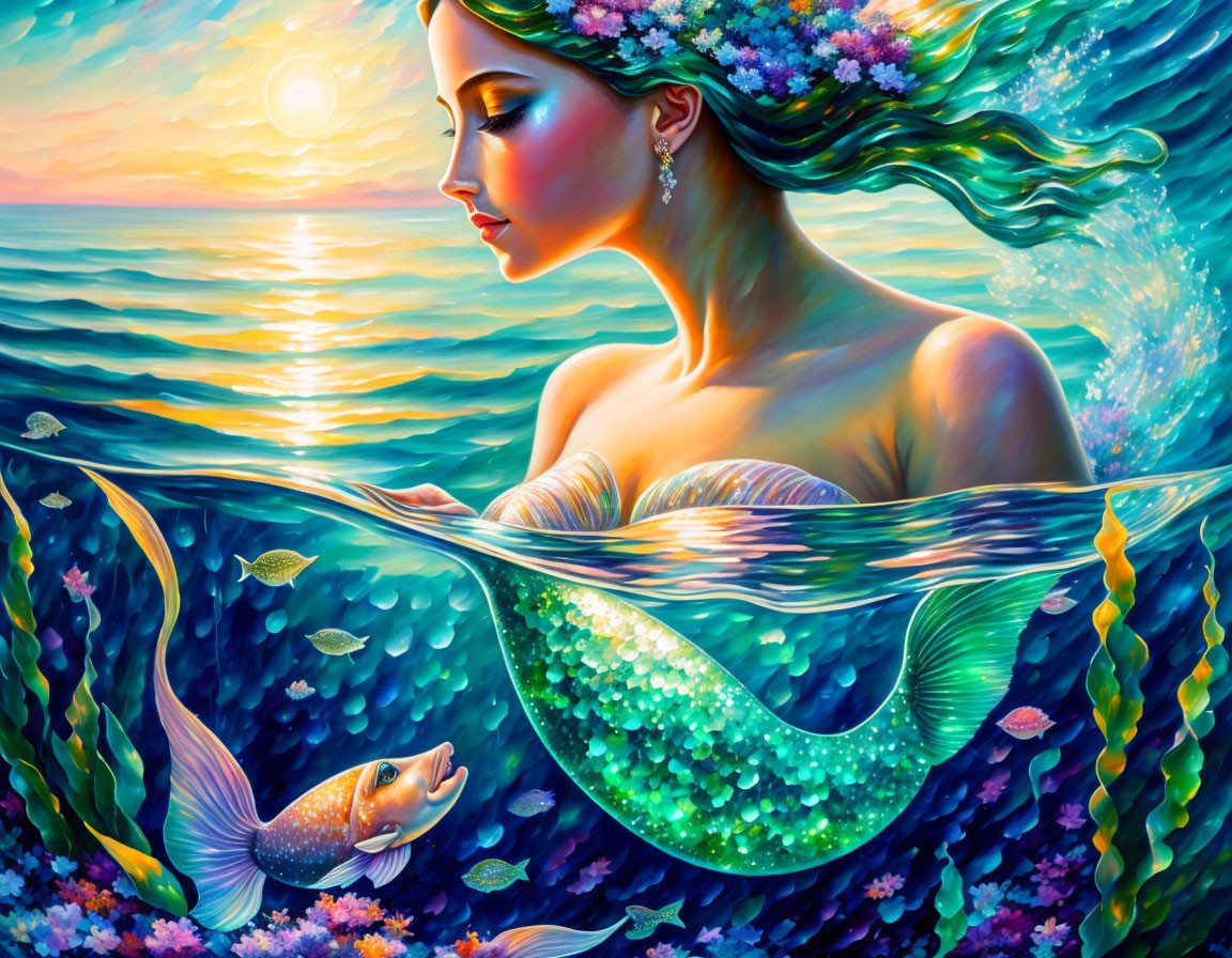 Colorful Mermaid with Floral Crown in Sunset Sea Scene