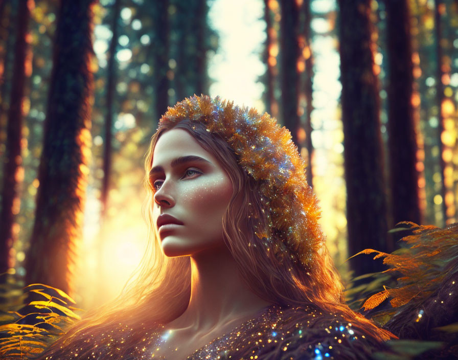 Mystical woman with golden leaf crown in sunlit forest