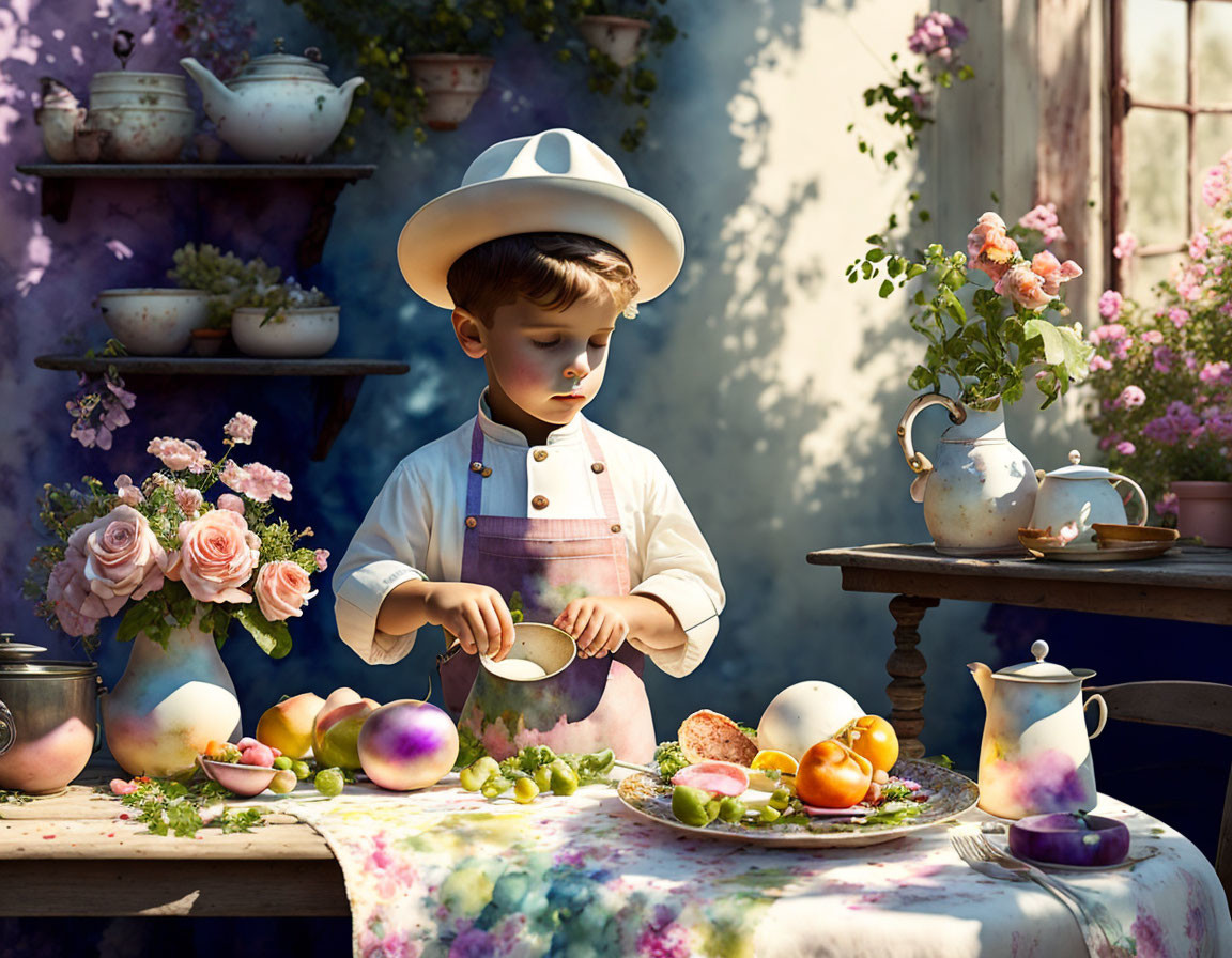 Child in chef's apron and hat icing cake in whimsical outdoor scene with flowers and vintage te