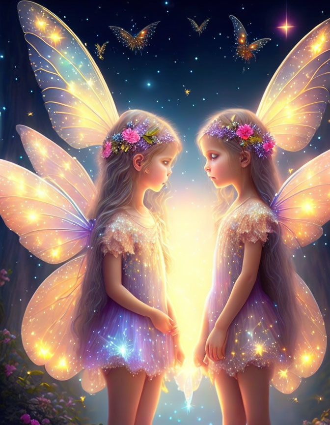 Ethereal girls with fairy wings and floral crowns in starry scene