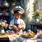 Child in chef's apron and hat icing cake in whimsical outdoor scene with flowers and vintage te