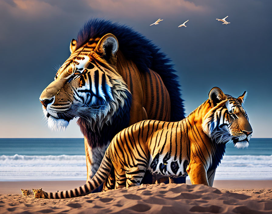 Hybrid animal with lion's head and tiger's body on beach with birds