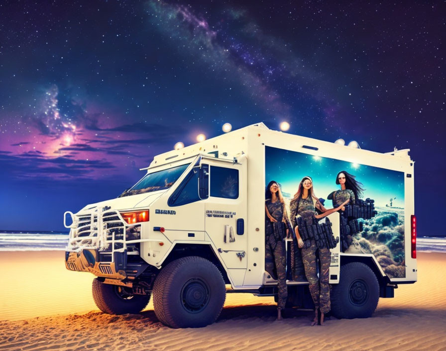 Night beach scene with three people by armored truck under Milky Way.