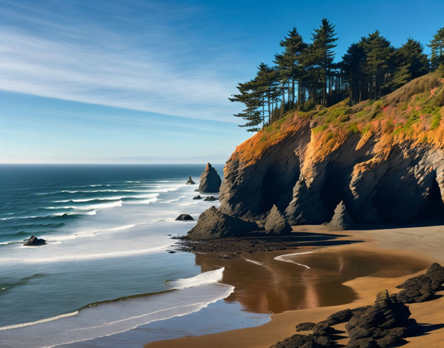 Tranquil beach scene with cliff, trees, and ocean waves